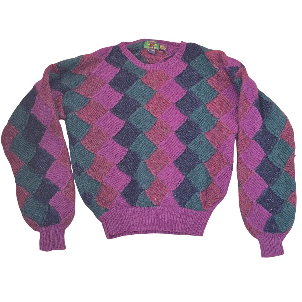 Colours by Alexander Julian Hand Knit Shetland Wool Checkered Sweater Mens Large